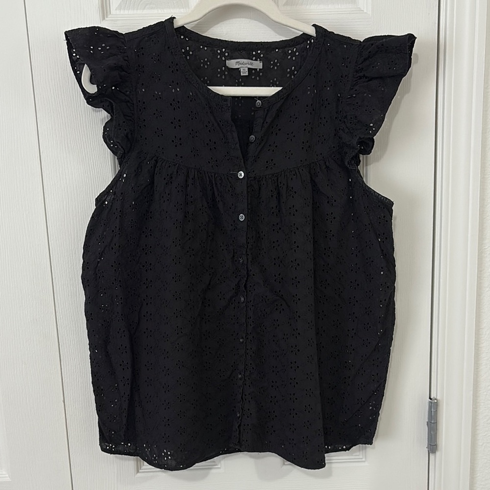 Madewell Black Eyelet Flutter Sleeve Blouse